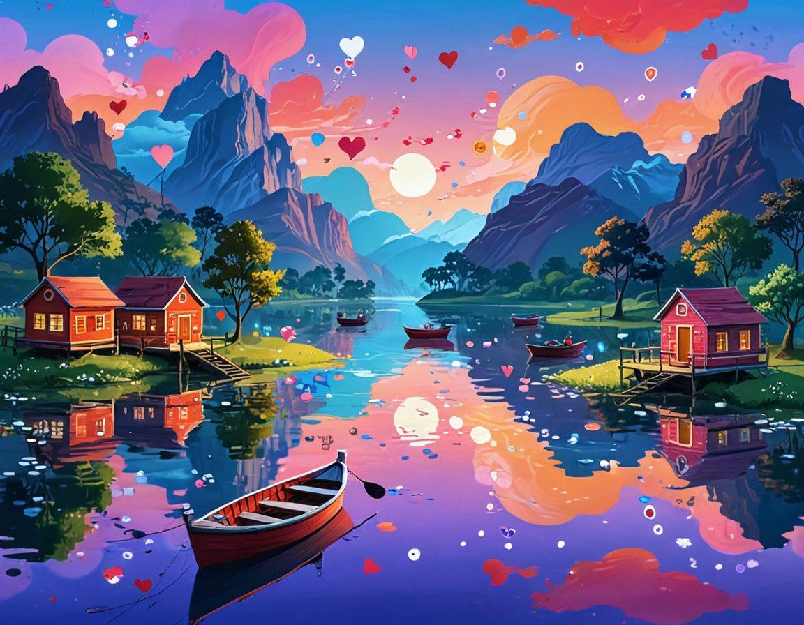 A serene digital landscape featuring intertwining rivers symbolizing online connections, with heart-shaped boats floating peacefully. Include vibrant and diverse characters engaging together on the boats, representing various cultures in virtual relationships. Add elements like floating chat bubbles and social media icons in the sky, reflecting digital communication. The ambiance should feel warm and inviting, encapsulating the essence of online love. vibrant colors. digital art.
