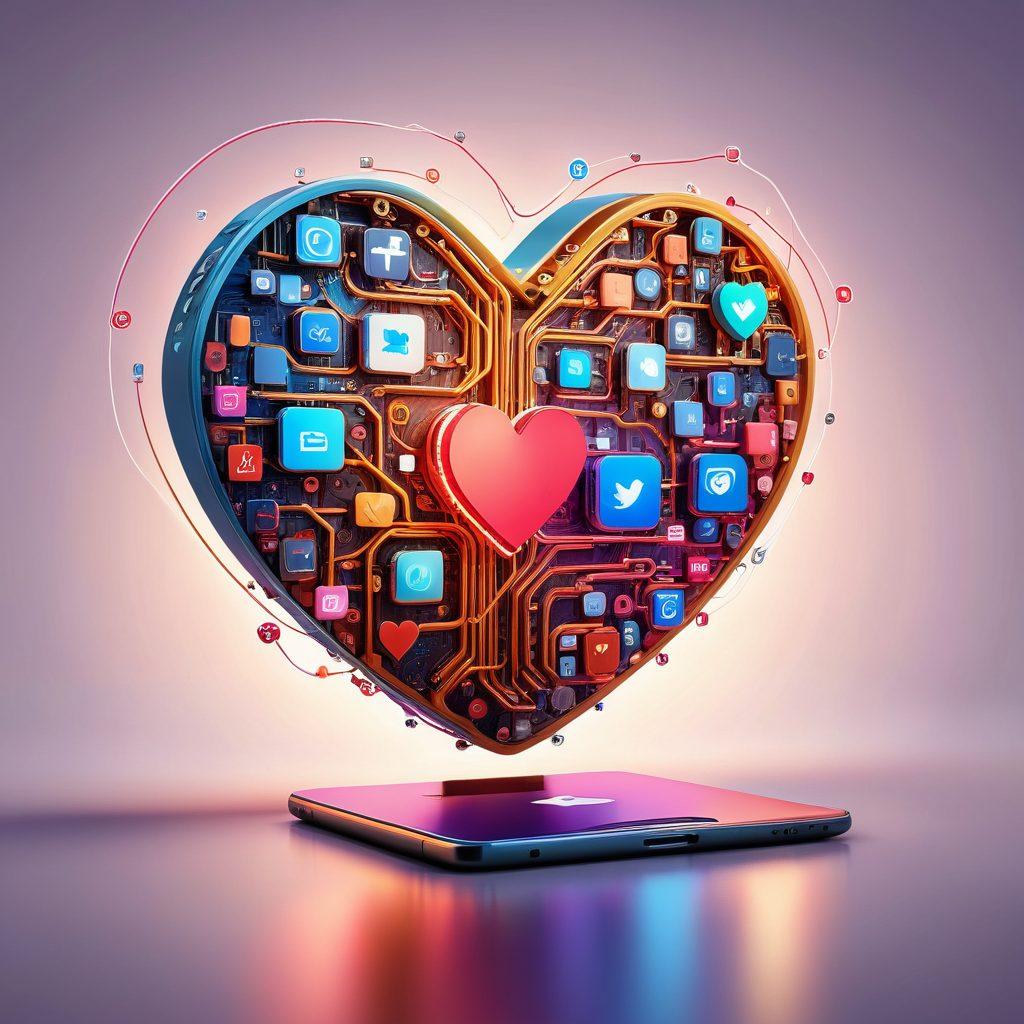 A heart-shaped digital interface with intertwining circuit patterns representing online connections, surrounded by icons of communication, shopping carts, and technology tools. The background features a soft gradient blending warm and cool tones to evoke a sense of love and innovation. Include elements symbolizing engagement, like chat bubbles and social media icons. super-realistic. vibrant colors. 3D.