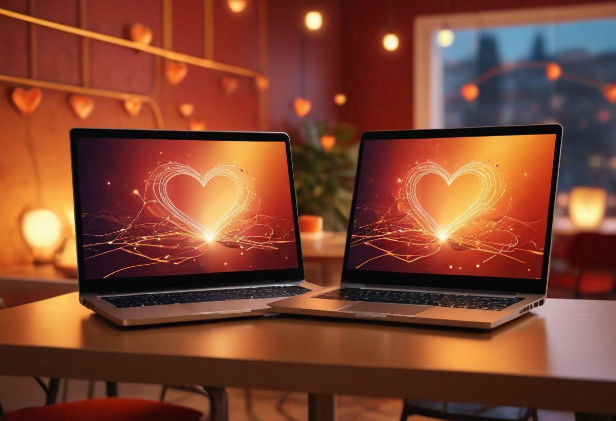 A cozy virtual cafe scene, with two laptops open facing each other, symbolizing a digital connection. Soft glowing hearts floating above the screens, representing romance in the digital space. Warm, inviting color palette with hints of gold and red, to evoke feelings of love and togetherness. Background elements include abstract shapes resembling network connections and digital interfaces. Illustration style: super-realistic, vibrant colors.